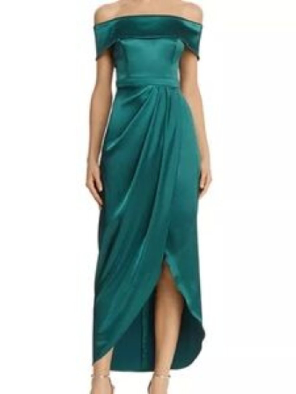 Avery G Emerald Green Satin Off-the-Shoulder Midi Gown | Size US 6